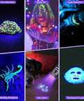 Collage showing Beast 12W 365nm UV flashlight uses: ore detection, body art, leak detection, scorpions, pet urine, fluorescent agent.