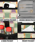 Insulated Picnic Backpack Lunch Bag For Women And Men, Green Purple Design, showing pockets for phone, cutlery, and bottles.