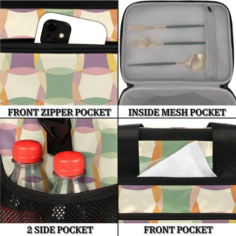 Insulated Picnic Backpack Lunch Bag For Women And Men, Green Purple Design, showing pockets for phone, cutlery, and bottles.
