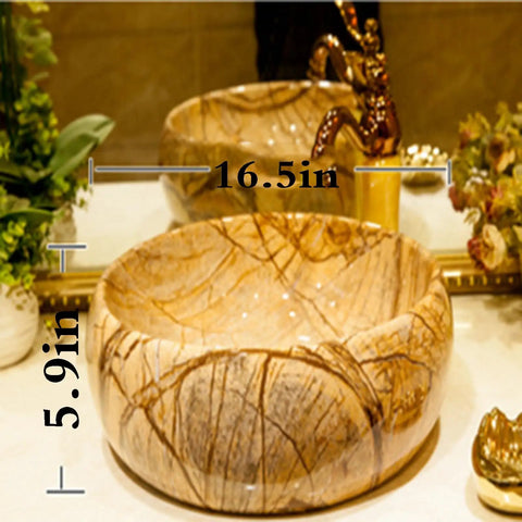 Ceramic Vessel Sink,16.5"x5.9"Round Vessel Sink Marbling Vessel Sink Bathroom Sinks with Faucets Combo Modern Countertop Ceramic Vessel Sink Art Basin with gold veins.