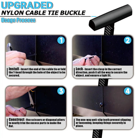 Usage process for 200 Piece Heavy Duty Nylon Dual Lock Cable Tie Buckles With Rugged Storage Case, showing installation steps.