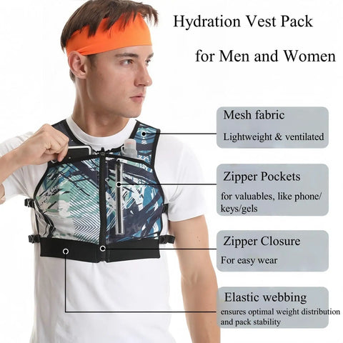 Hands Free Hydration Pack Chest Rig For Running And Fastpacking With Two Front Bottle Pockets For 500ml Bottles So You Can Sip On The Go Secure Front Zipper Pocket For Keys And Phone Lightweight Tactical Vest on man