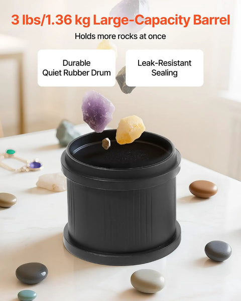 Pro Grade Rock Tumbler Kit 3 Lb Capacity With Four Speeds, TPU Drum, stones levitating, and sound reduction cover