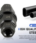 Motorcycle Front Axle Tool Kit with 17mm, 19mm, 22mm, 24mm Hex Adapters made from durable steel, black construction