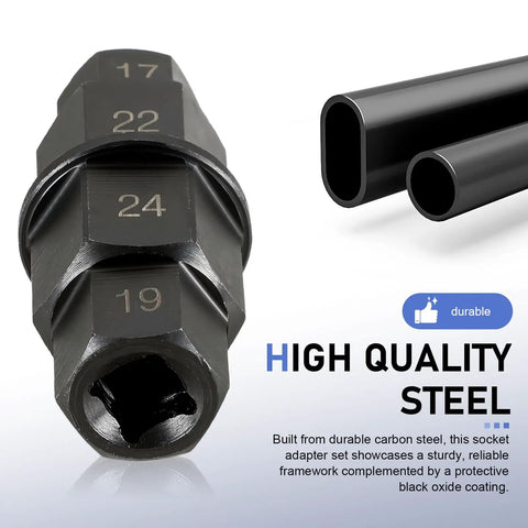 Motorcycle Front Axle Tool Kit with 17mm, 19mm, 22mm, 24mm Hex Adapters made from durable steel, black construction