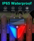 Solar Strobe Warning Lights With 90dB Alarm Outdoor 2 Pack, IP65 waterproof feature on wooden fence with blue and red lights