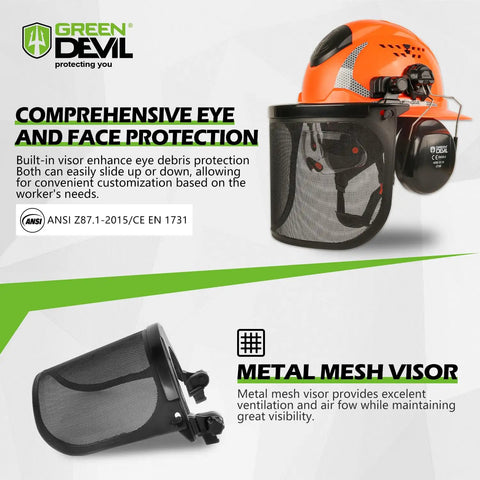 Forestry Chainsaw Helmet With Face Shield Built In Visor And Ear Muffs 4 In 1 System ANSI Z89.1 Safety Hard Hat shown with mesh visor.