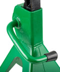 Close-up of Pair Of 2 Ton Jack Stands With Extended Reach 10.5 To 17 Inches Beefy Heavy Duty Steel Base and handle