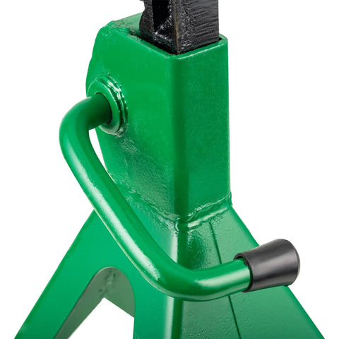 Close-up of Pair Of 2 Ton Jack Stands With Extended Reach 10.5 To 17 Inches Beefy Heavy Duty Steel Base and handle