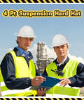 Two men wearing Six Pack White Hard Hats With 4 Point Suspension Adjustable Ratchet and reflective vests on a work site.