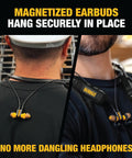 Rugged 2In1 Neckband Bluetooth Headphones With Built In Speakers For Worksites And Outdoors, magnetized earbuds shown on necks.