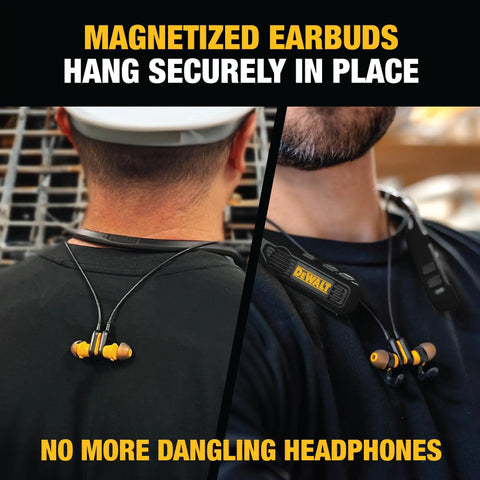 Rugged 2In1 Neckband Bluetooth Headphones With Built In Speakers For Worksites And Outdoors, magnetized earbuds shown on necks.