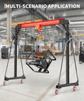 Heavy Duty 2200 Lbs Gantry Crane With 8 To 12 Ft Adjustable Height Solid Workshop Hoist and Full Manual Trolley Kit lifting an engine in a workshop.