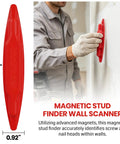 (4-Pack) Calvana Magnetic Stud Finder Wall Scanner, Stud Finder Magnet, user detecting wall studs with red tool, size 5.5".