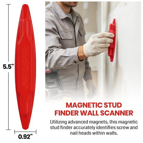 (4-Pack) Calvana Magnetic Stud Finder Wall Scanner, Stud Finder Magnet, user detecting wall studs with red tool, size 5.5".