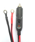 Close-up of a 10 Ft 12V Cigarette Lighter Extension Cord With Glowing Led Ring And 15A Inline Fuse with wire ends.