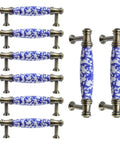 Set of 8 Vintage Blue Floral Ceramic Cabinet Pulls with Bronze Base, 3.78 Inch Center Hole Drawer Handles for Kitchen Cabinets.