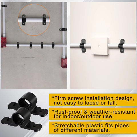 OwnMy 60-pack 1/2-inch black plastic pipe clamps for suspending PEX, copper, and CPVC pipes on walls.