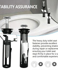 Sturdy Four Piece Toilet Seat Bolt Kit Crafted From Top Shelf 304 Stainless Steel For Hassle Free Bathroom Upgrades And Dead Set Reliable Mounting Power To Keep Your Seat Locked Down Tight Year Round with fasteners installed near toilet.
