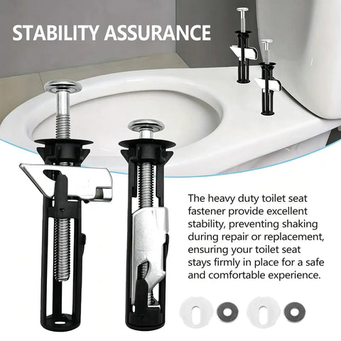 Sturdy Four Piece Toilet Seat Bolt Kit Crafted From Top Shelf 304 Stainless Steel For Hassle Free Bathroom Upgrades And Dead Set Reliable Mounting Power To Keep Your Seat Locked Down Tight Year Round with fasteners installed near toilet.