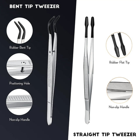 Two Piece Tweezers With Rubber Tips Set Bent And Straight Flat Tips PVC Coated No Mar Non Slip Grips in silver and black.