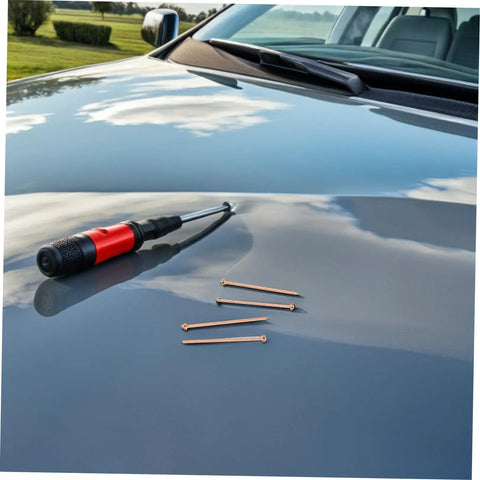 Top Tier Iwowedhero Automotive Welding Pins For Spot Welder Dents 2Mm Iron Plated Copper Studs on car hood with screwdriver.