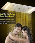 Level Up Your Bathroom Routine With This Top Notch Ceiling Mounted Rain Shower Combo Featuring Smooth LED Faucet Lighting And A Massive Stainless Steel Head For Serious Daily Spa Vibes - couples enjoying overhead rain shower.