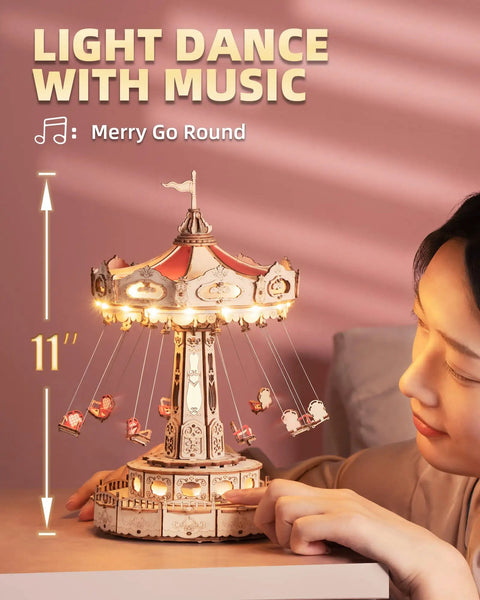 LED Swing Ride 3D Puzzle Kit For Adults And Teens, DIY Music Box Model Building Set With Lights, Rotating Seats, And Mirror Tower, Interactive Wooden Craft That Dazzles, A Killer Gift For Puzzle Nerds And STEM Fans. 11-inch wooden swing ride with lights