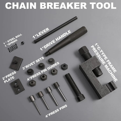 Motorcycle chain breaker tool kit, 18-piece set with drive handle, C-type frame, rivet sets and pins