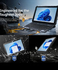 Heavy Duty Rugged Tablet With No Sweat Barcode Scanner And 12.2 Inch Windows 11 Pro Screen, Eight Plus One Twenty Eight Gig Storage, Rock Solid Industrial Computer For Warehouse Crews And Retail Pros in action, showcasing rugged design and water resistance.