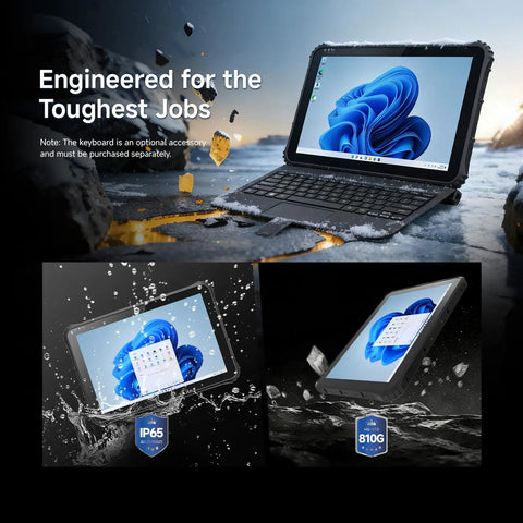 Heavy Duty Rugged Tablet With No Sweat Barcode Scanner And 12.2 Inch Windows 11 Pro Screen, Eight Plus One Twenty Eight Gig Storage, Rock Solid Industrial Computer For Warehouse Crews And Retail Pros in action, showcasing rugged design and water resistance.