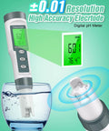 Three In One Digital Water Tester That Reads pH TDS And Temperature in a glass of water with close-up of digital display