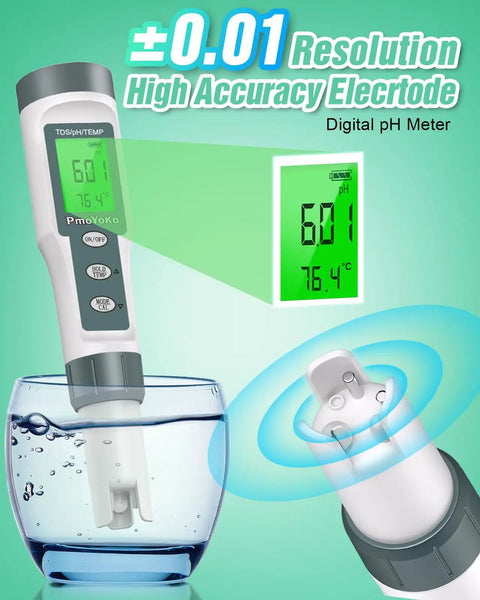 Three In One Digital Water Tester That Reads pH TDS And Temperature in a glass of water with close-up of digital display