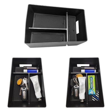 BMW X5 G05 X6 G06 X7 G07 Center Console Organizer Tray Storage showing empty and filled compartments with keys and accessories