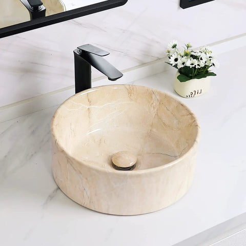 16 Inch Marbled Round Vessel Sink With Pop Up Drain For Bathroom Ceramic Above Counter Countertop Sink Large Dope Modern European Style With Sleek Shine And Rich Marble Look