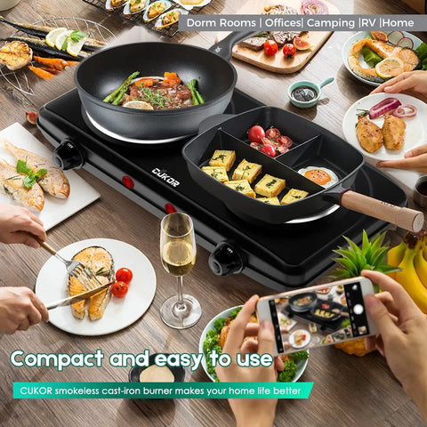 Double Cast Iron Two Burner Portable Electric Stove With 1800W Dual Burners For Countertop Cooking in use at home dining table