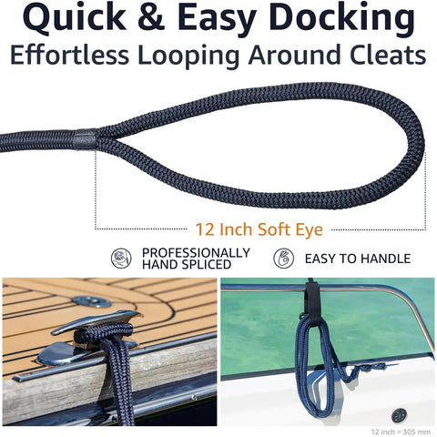 Two Pack Double Braided Three Eighth Inch Dock Lines Nylon Boat Ropes For Docking With Twenty Foot Length And Twelve Inch Spliced Eye