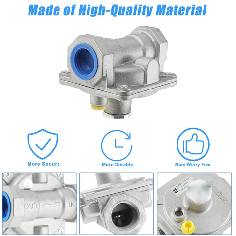Front view of a 3/4-inch natural gas pressure regulator, metal body with blue inlet and yellow adjustment plug