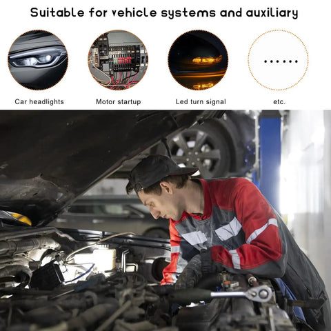 Mechanic working under car hood illustrating use of Two Pack 30 Amp 12 Volt Starter Relay Four Pin Waterproof Heavy Duty Automotive Standard Relay