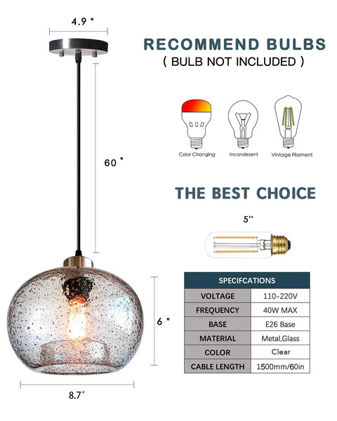 Cool Blue Bubble Glass Pendant Light For Kitchen Island And Dining Room Hand Blown Glass Globes Modern Brushed Nickel Finish 9 Inch Diameter Over Sink Bar Table Lighting with bulb specs