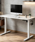 Premium Electric Height Adjustable Standing Desk With Heavy-Duty Carbon Steel Frame, 28 to 46 inches, white color, home office use.