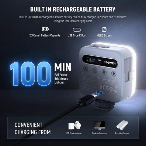 Back view of Magnetic RGB Video Light For Cameras, showing OLED screen and charging cable with 2000mAh rechargeable battery.