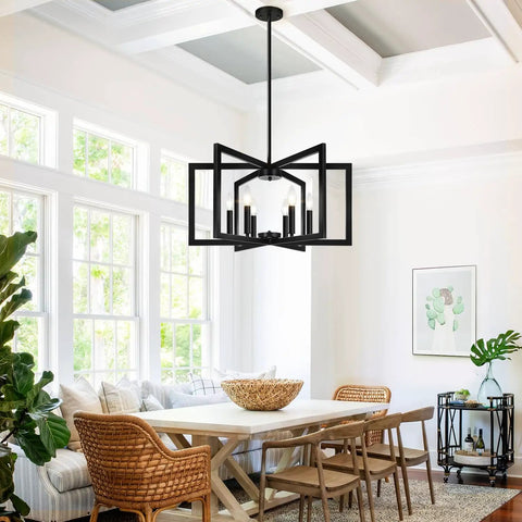 Height Adjustable Matte Black Chandelier Six Light 25 Inch Modern Industrial Dining Room Pendant Light, hanging over dining table in bright room.