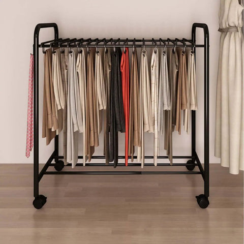 Smooth Rolling Pants Hanger Cart With Heavy Duty Wheels And Adjustable Trouser Racks For Jeans And Skirts organized with various clothing.