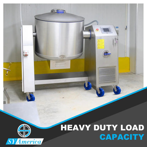 Built To Last 5X2 In Stainless Steel Casters With Polyurethane Wheels Roll Easy Under Heavy Loads, shown on industrial mixer.