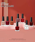 Red Nail Polish Set With 8 Trendy Colors Including Nude Pink Shimmer, Dark Burgundy, Glitter Sequins, Metallic Bottles Displayed