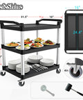 Heavy Duty 3 Tier Plastic Utility Cart On Wheels With 300 Lb Capacity And Quiet 4 Inch Casters With 2 Lockable Brakes Mobile Service Cart For Home Office Restaurant And Warehouse