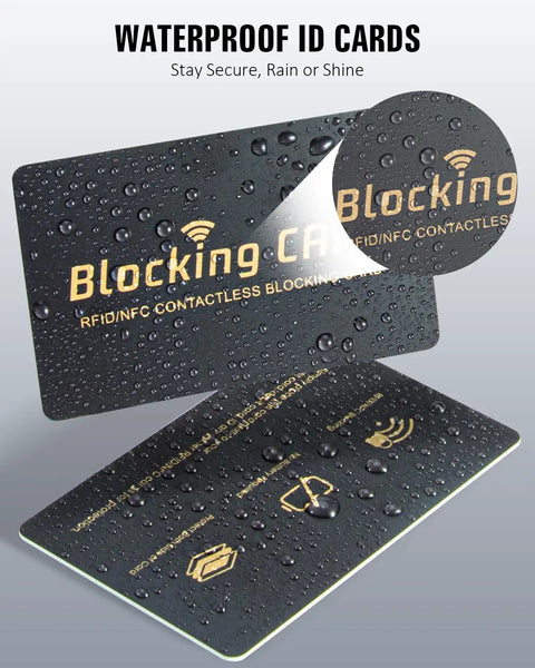 RFID Blocking Card Shield For Wallets And Travel Passports No Nonsense Protection For Debit And Credit Cards From Skimming Slim Ultra Compact Wallet Protector 4 Pack Black waterproof card close-up