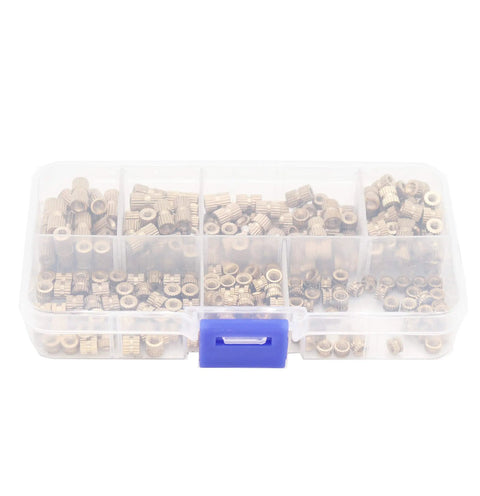 M3 Knurled Threaded Inserts Brass Heat Set Nuts Kit 300Pcs Assortment in a clear plastic case with multiple compartments.