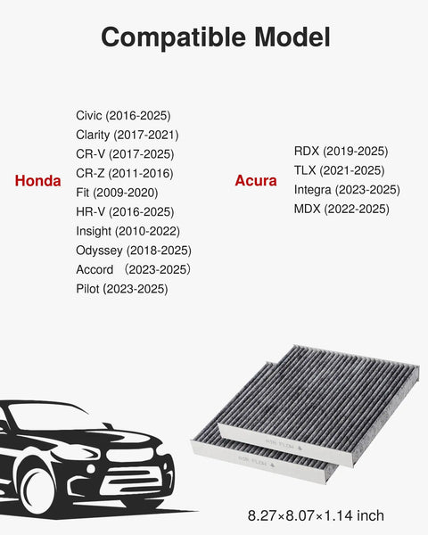 2 Pack Cabin Air Filter With Activated Charcoal Layer for Honda/Acura models display with dimensions and car illustration.